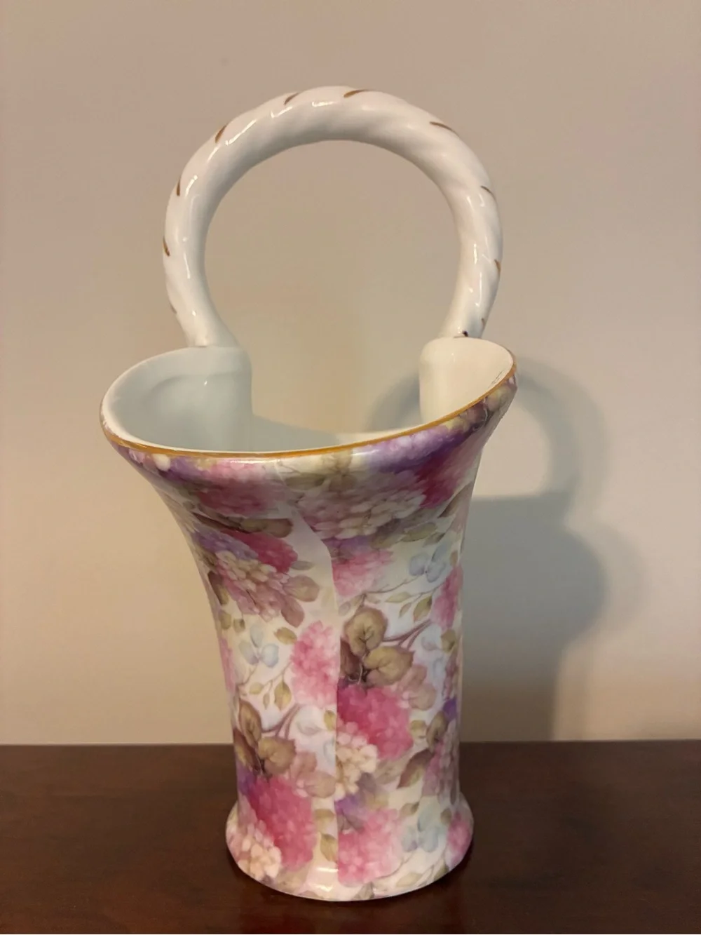 Baum Bros Floral Ceramic Basket Vase with Gold-Trim Handle - Coquette style